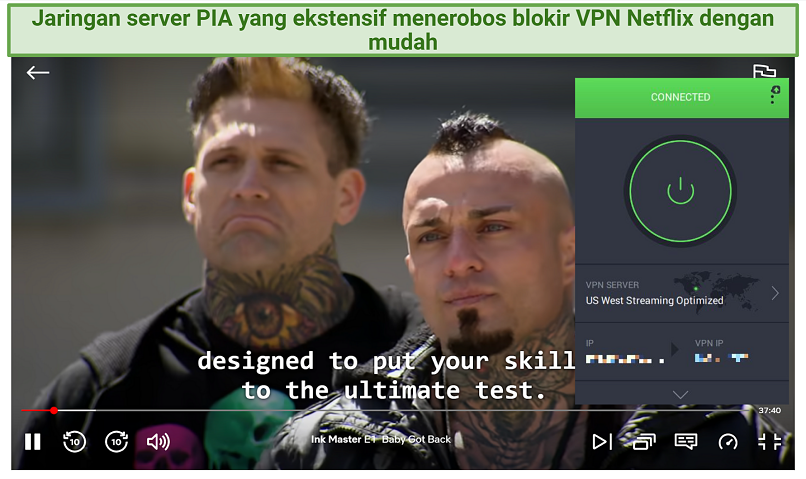 Screenshot showing Ink Master streaming on Netflix US with PIA connected