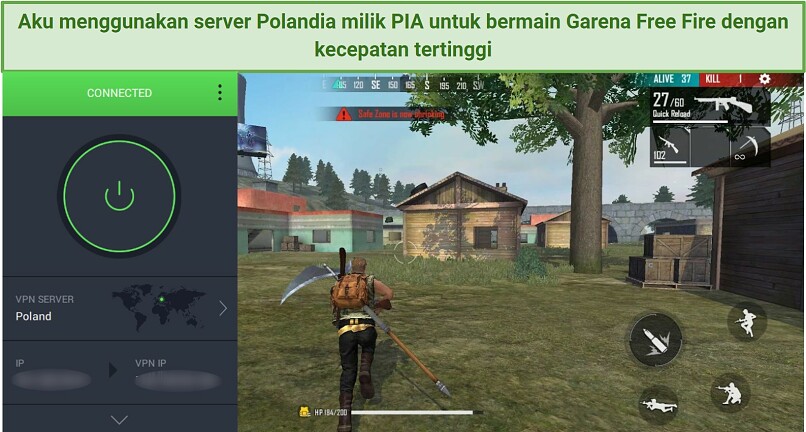 Screenshot of Private Internet Access working with Garena Free Fire