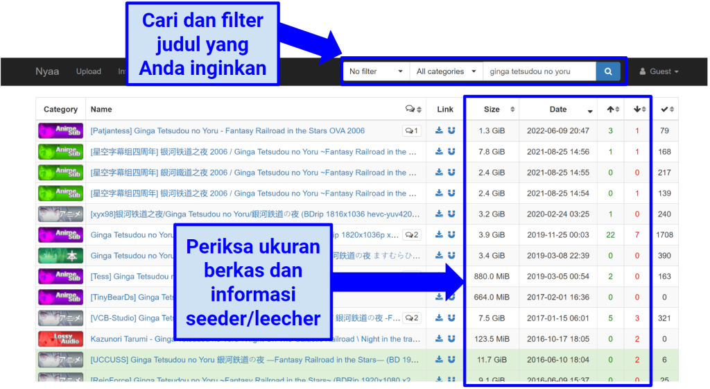 Screenshot of NYAA.sis interface showing how you can search and filter files.