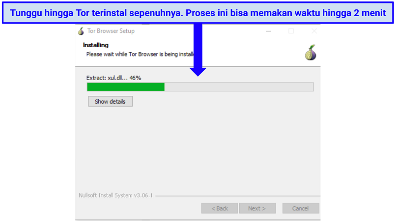 Screenshot of the Tor browser installing on Windows with a progress percentage bar