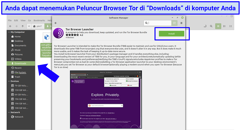 Screenshot showing how to locate the Tor Browser Launcher within Linux under 
