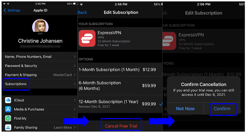 Instructions on how to cancel ExpressVPN's subscription on iPhone through settings