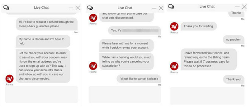 Using ExpressVPN's live chat feature to request a refund and receive confirmation that it is approved