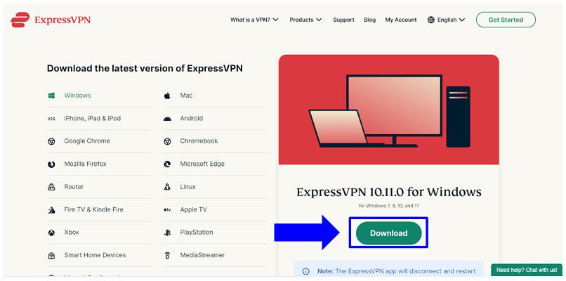 ExpressVPN's download page displaying the different apps available and where to begin downloading