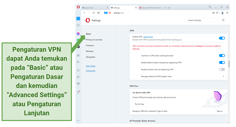 Screenshot showing the VPN setting in Opera VPN Free browser