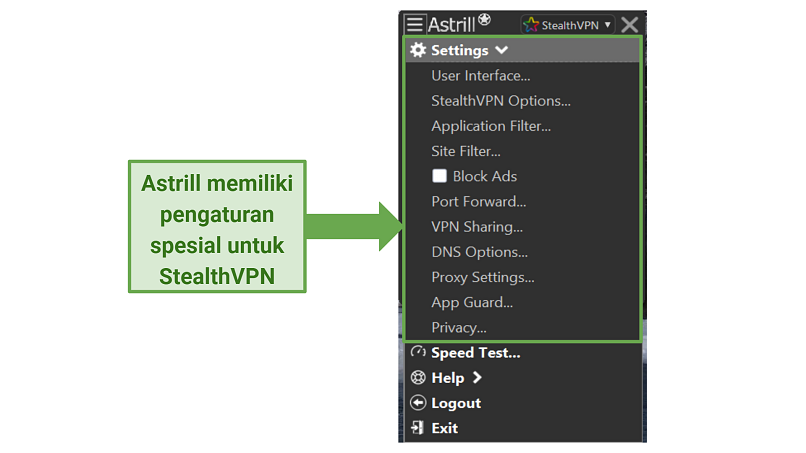 A screenshot showing Astrill's settings for StealthVPN