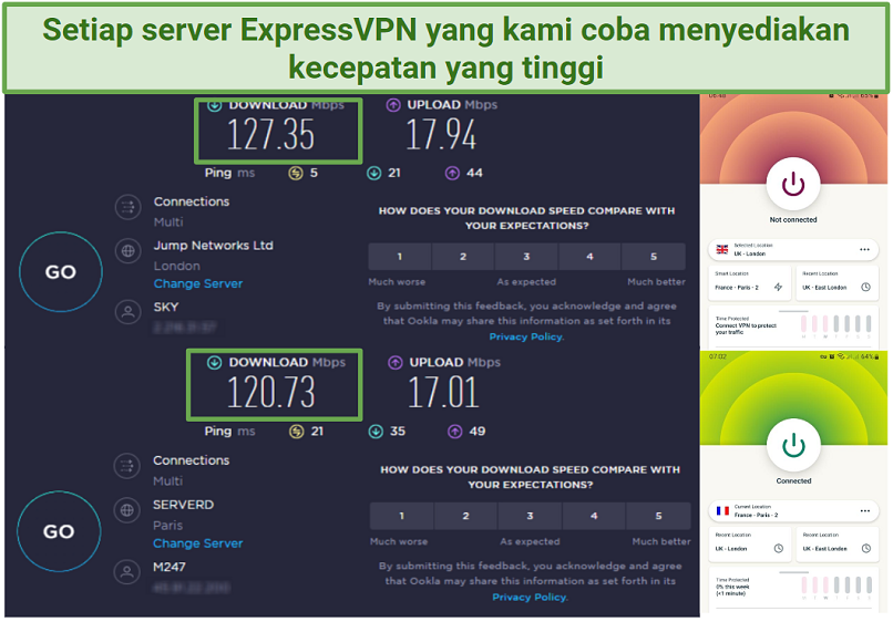 Tangkapan layar yang menunjukkan ExpressVPN memberikan kecepatan cepat di Android