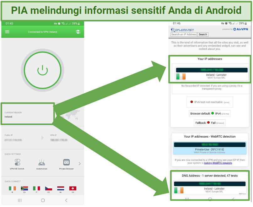 Tangkapan layar yang menunjukkan aplikasi Android PIA tidak membocorkan informasi sensitif
