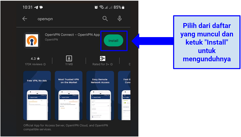Tangkapan layar yang menunjukkan OpenVPN Connect tersedia di Google Play Store
