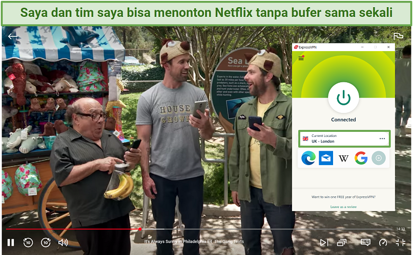 Screenshot of Netflix player streaming It's Always Sunny in Philadelphia while connected to ExpressVPN's UK London server