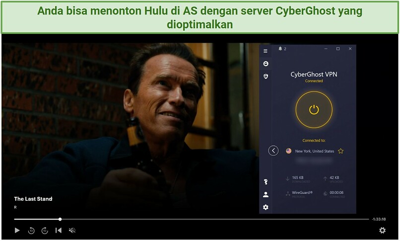 Screenshot of Hulu player streaming The Last Stand while connected to CyberGhost's New York serve