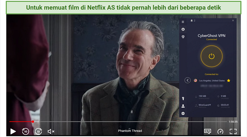 Screenshot of Netflix player streaming Phantom Thread while connected to CyberGhost VPN
