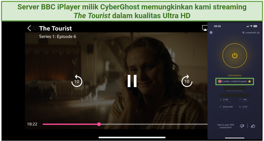 CyberGhost BBC iPlayer server London streaming The Tourist