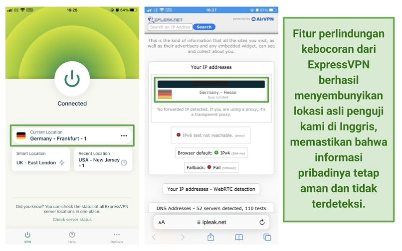 Screenshot dari hasil tes kebocoran ExpressVPN terhubung ke server Jerman