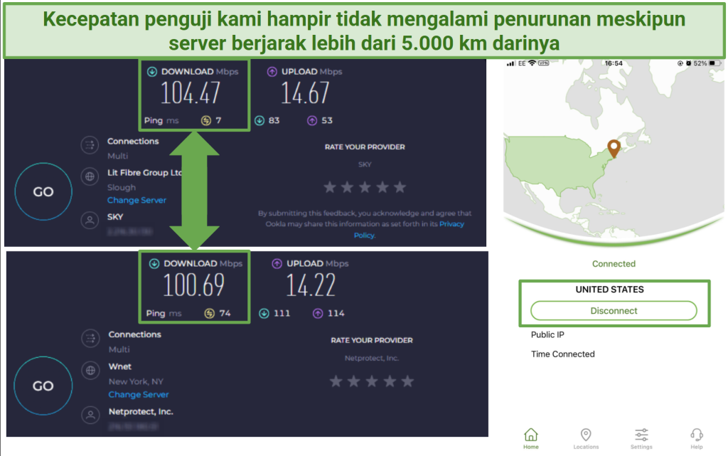 Tangkapan layar dari tes kecepatan IPVanish pada server jarak jauh di New York