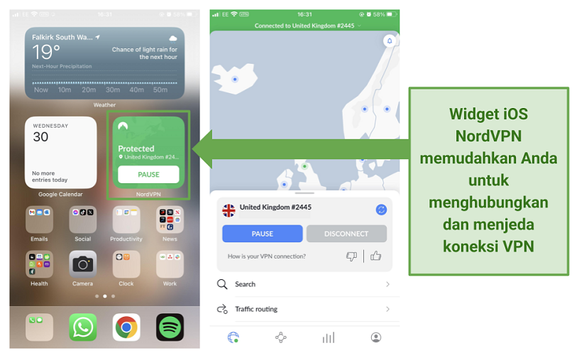 Screenshot dari widget iOS NordVPN