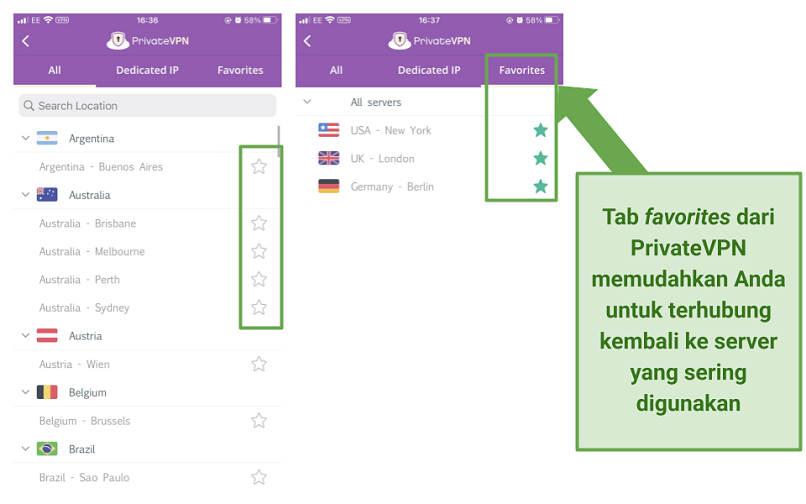 Screenshot aplikasi iOS PrivateVPN yang menunjukkan tab 'favorit'