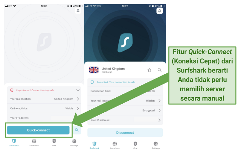 Tangkapan layar aplikasi iOS Surfshark yang menonjolkan fitur Tersambung Cepat