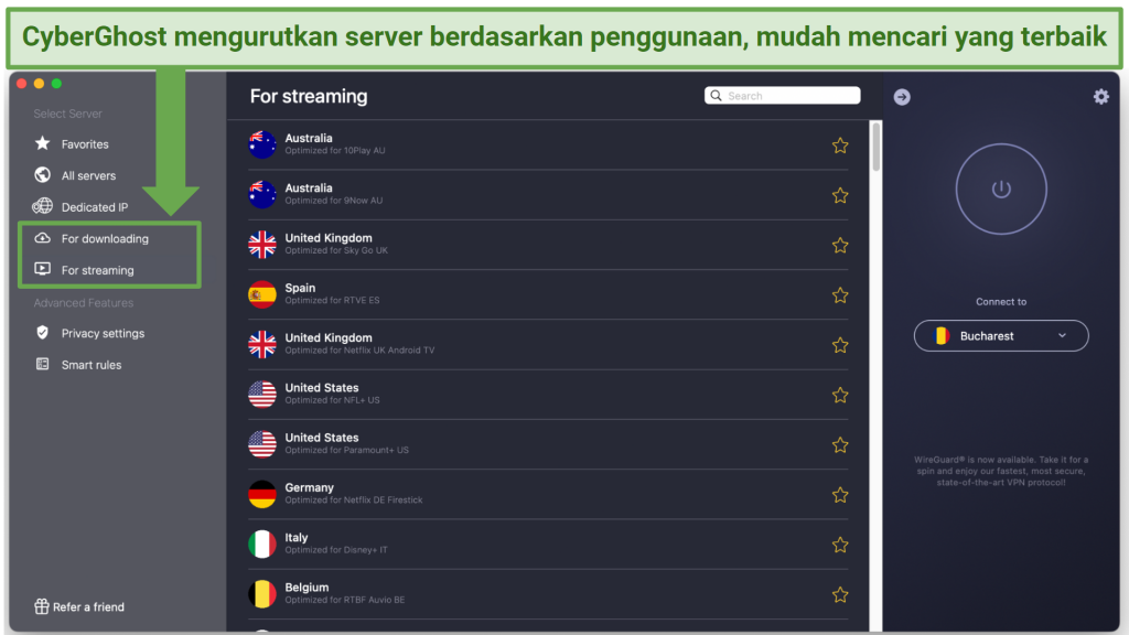 Screenshot showing the specialty streaming servers on the macOS CyberGhost app
