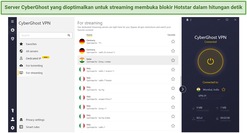 Screenshot showing CyberGhost's streaming-optimized servers