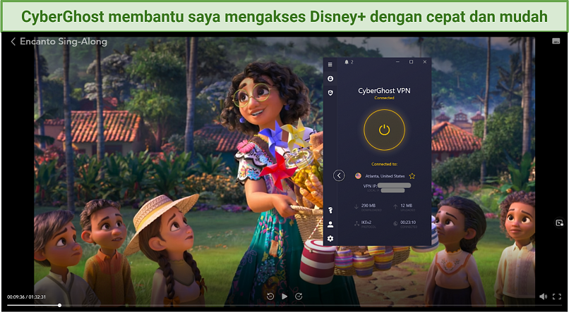 Screenshot dari Disney+ yang diakses menggunakan CyberGhost dan memutar film Encanto Sing-Along.