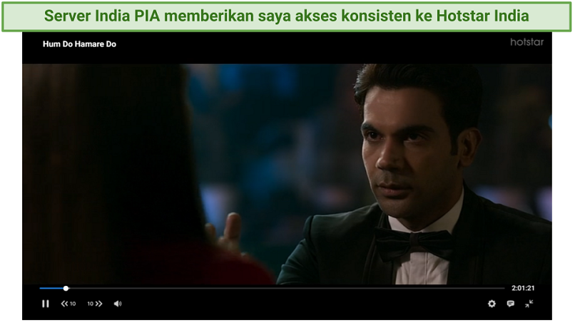 Screenshot showing Hum do Hamare Do streaming on Hotstar with PIA connected.