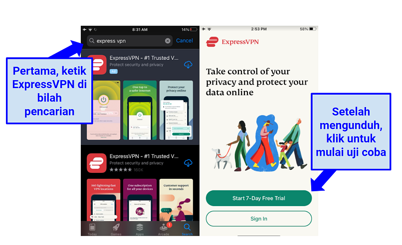 Instructions on how to download ExpressVPN with iPhone from the app store, and where to click to begin free trial