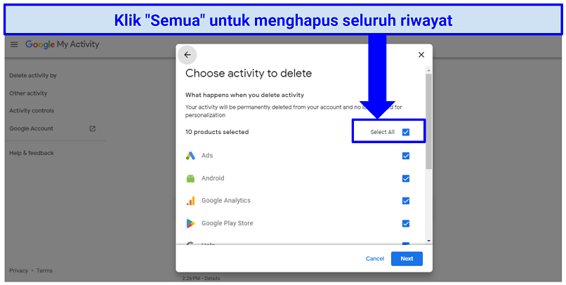 A screenshot of step 5 of deleting your Google account history