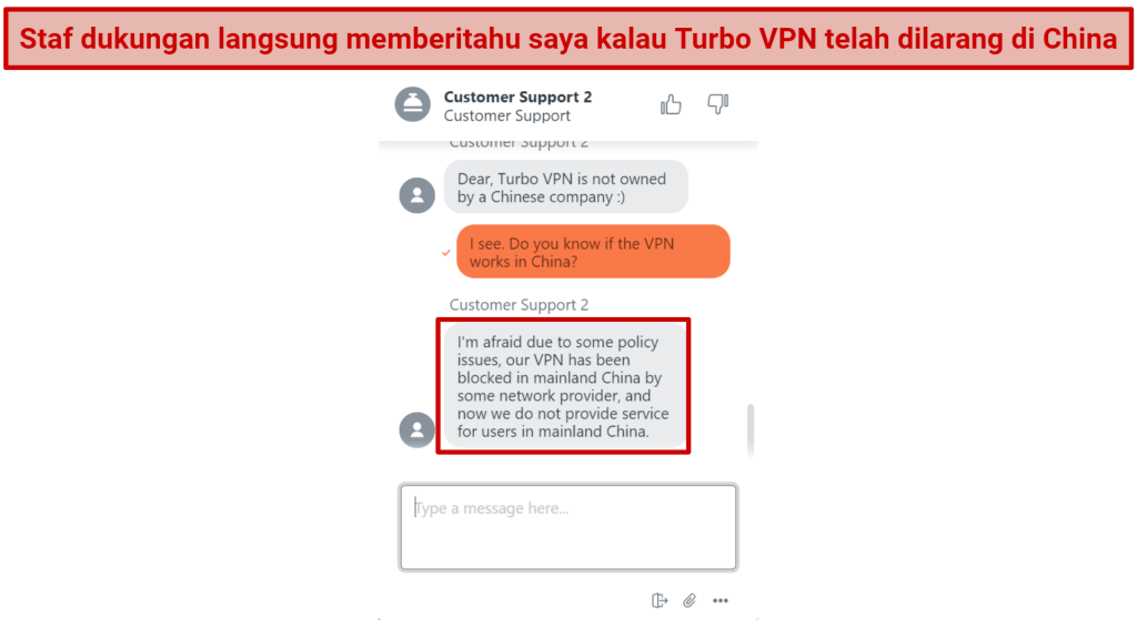 Screenshot of a conversation with Turbo VPN live support where they stated it doesn't work in China