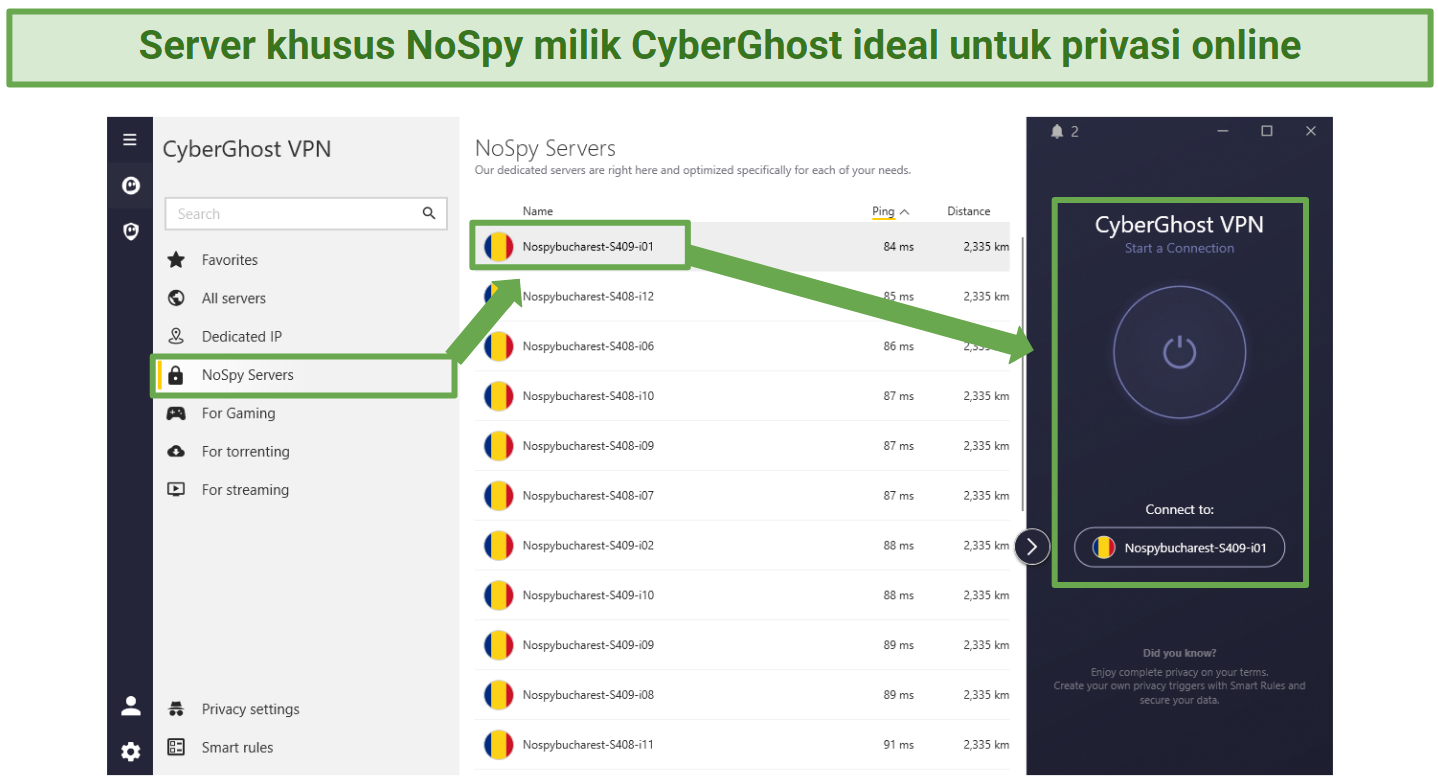 Screenshot of CyberGhost's NoSpy servers