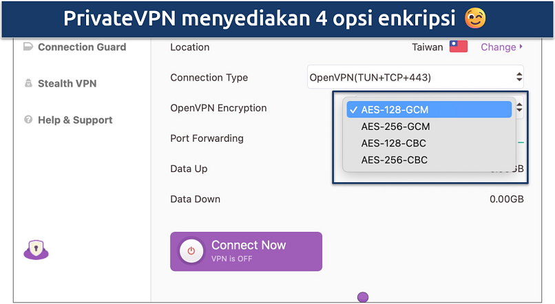 Tangkapan layar pengaturan keamanan yang dapat disesuaikan dari PrivateVPN