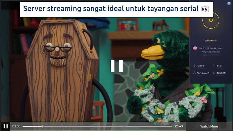 Cuplikasn layar dari aplikasi CyberGhost terhubung ke server spesial untuk Channel 4 di UK, streaming Don't Hug Me I'm Scared melalui permban