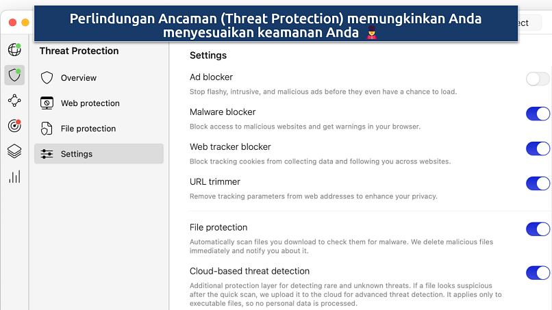 Screenshot of the NordVPN Settings panel with the customization options of Threat Protection