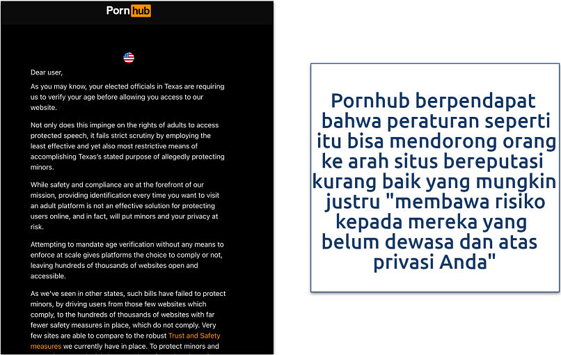 Screenshot of Pornhub being blocked in texas