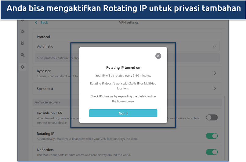 Screenshot of Surfshark's Rotating IP settings