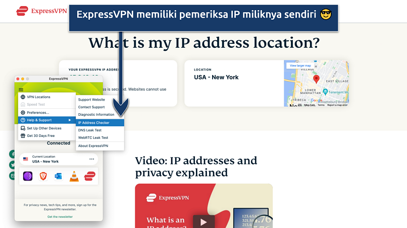 Screenshot of the ExpressVPN app over the IP Address Checker data on the ExpressVPN website