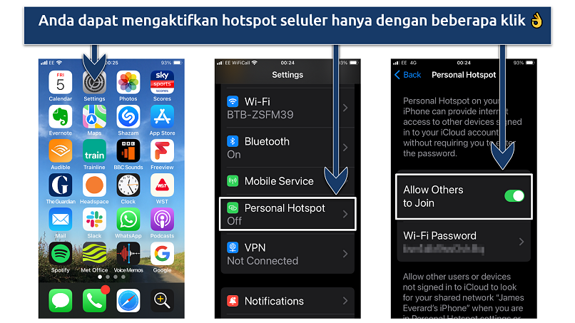 Screenshots showing how to activate a mobile hotspot on an iPhone