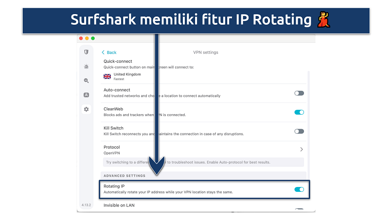 Screenshot of Surfshark's Settings menus with the Rotating IP feature highlighted