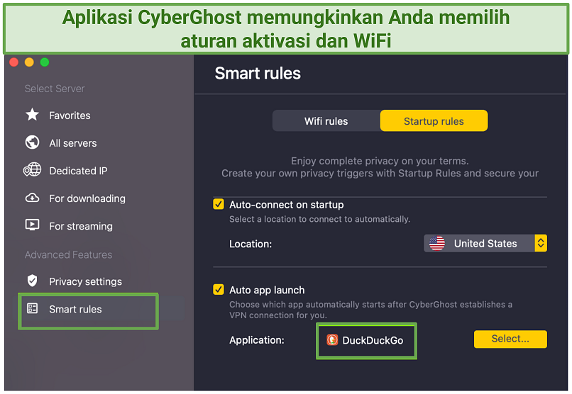 Screenshot of CybeGhost's privacy settings window