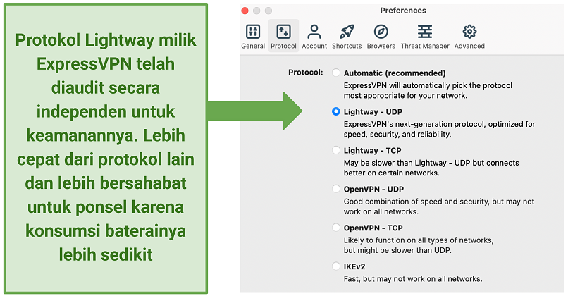 Screenshot of ExpressVPN protocols