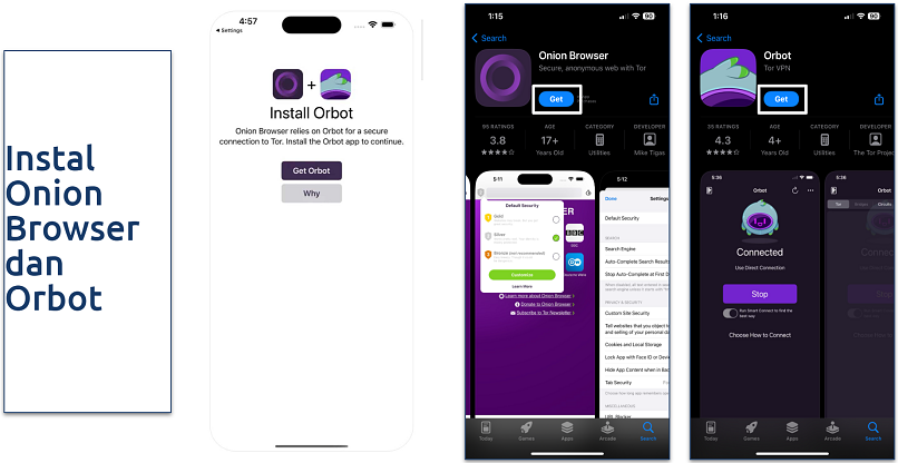 Screenshot aplikasi Onion Browser dan Orbot di Apple's App Store