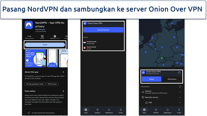 Screenshot antarmuka NordVPN Onion Over VPN servers