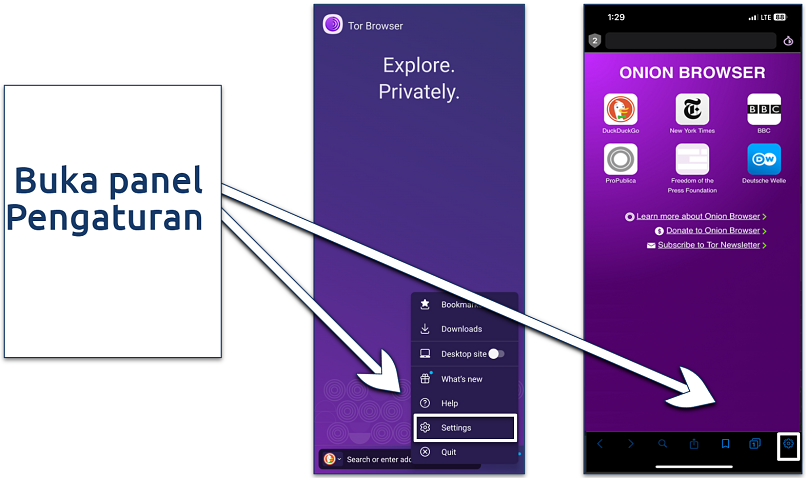 Screenshot tombol pengaturan untuk Tor Browser dan Onion Browser