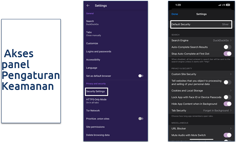 Tangkapan layar tombol pengaturan keamanan untuk Tor Browser dan Onion Browser