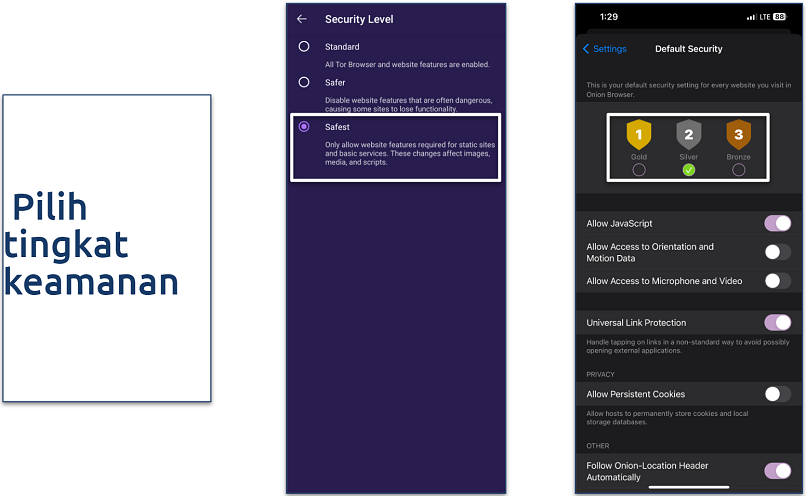 Screenshot panel pengaturan keamanan untuk Tor Browser dan Onion Browser