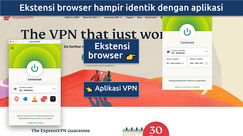 Screenshot dari aplikasi ExpressVPN sesuai dengan ekstensi browser Chrome