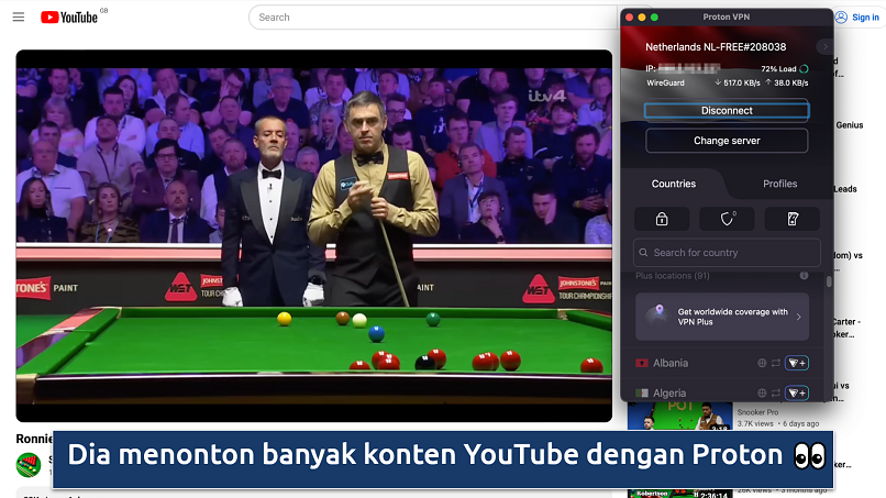 Screenshot aplikasi Proton VPN ketika sedang memutar pertandingan snooker secara penuh di YouTube