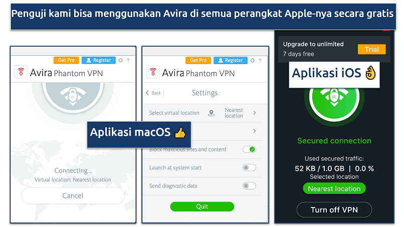 Screenshot aplikasi desktop Avira Phantom bersama aplikasi iOS