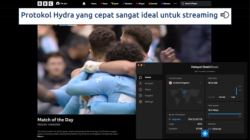 Screenshot aplikasi Hotspot Shield pada streaming BBC iPlayer untuk pertandingan Match of the Day