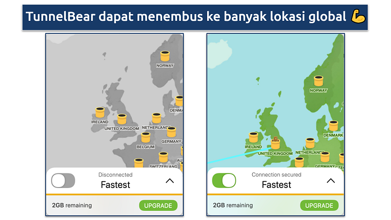 Screenshot aplikasi TunnelBear terhubung ke lokasi di Inggris